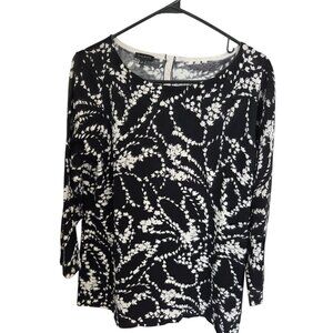 Talbots Black White Floral Boat Neck 3/4-Sleeve Sweater Lightweight L